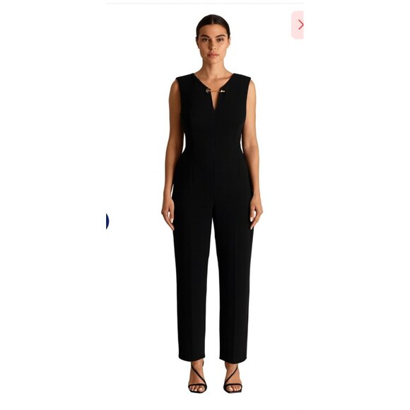Calvin Klein Size 16 Elegant Stretch Belted Jumpsuit Gold Chain Neck Black - Picture 1 of 8